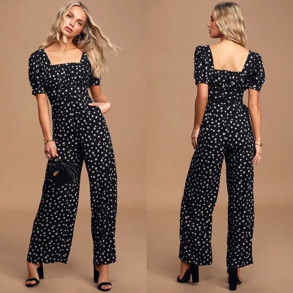 Lulus Pants - Lulus Modern Elegance Black Floral Print Puff Sleeve Wide-Leg Jumpsuit
